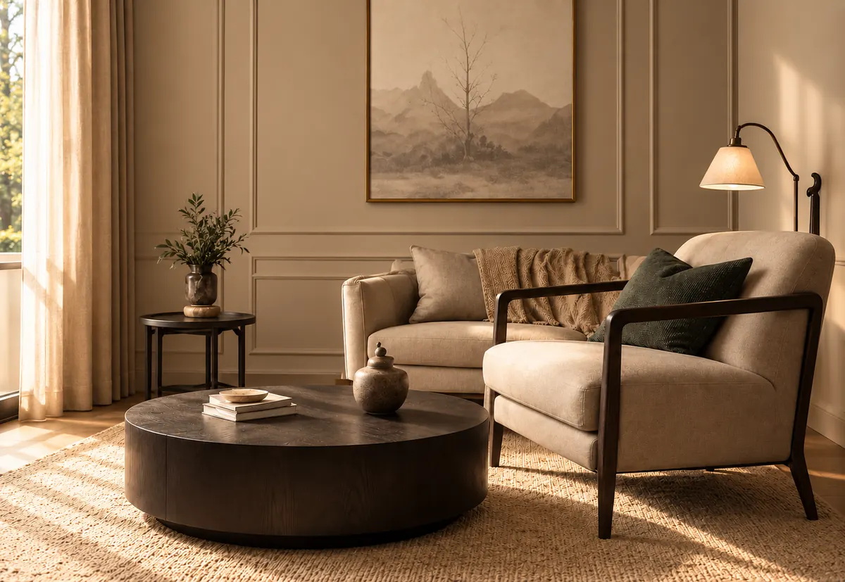 A warm, quiet sitting room with a linen sofa, an armchair and soft afternoon light