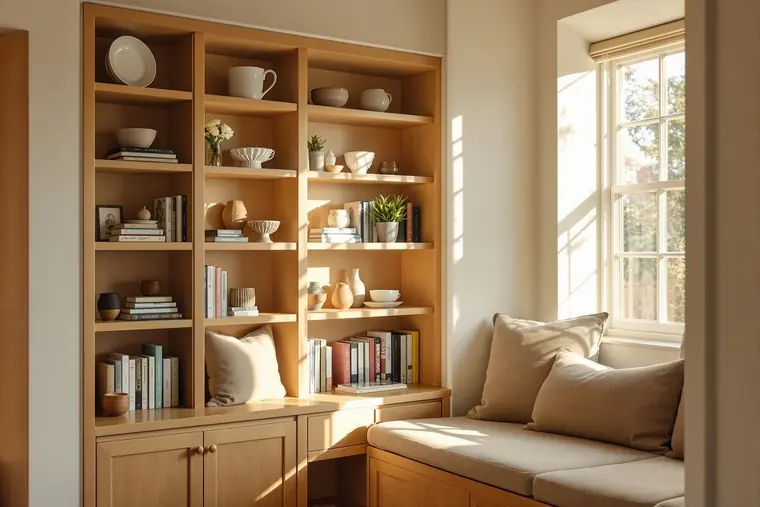 A built-in oak bookshelf and cushioned window seat in a calm reading nook