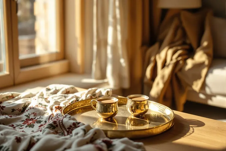 Two cups of masala chai on a brass tray beside a phulkari embroidered throw