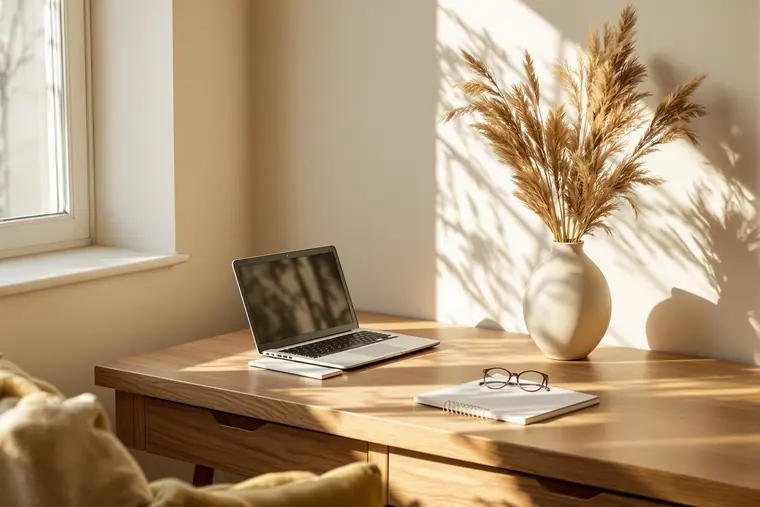 A tidy oak desk with a laptop, notebook and dried grasses in a vase
