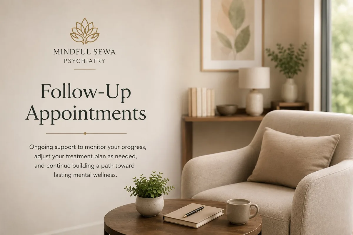 Follow-up appointments at Mindful Sewa Psychiatry — ongoing support in a calm setting