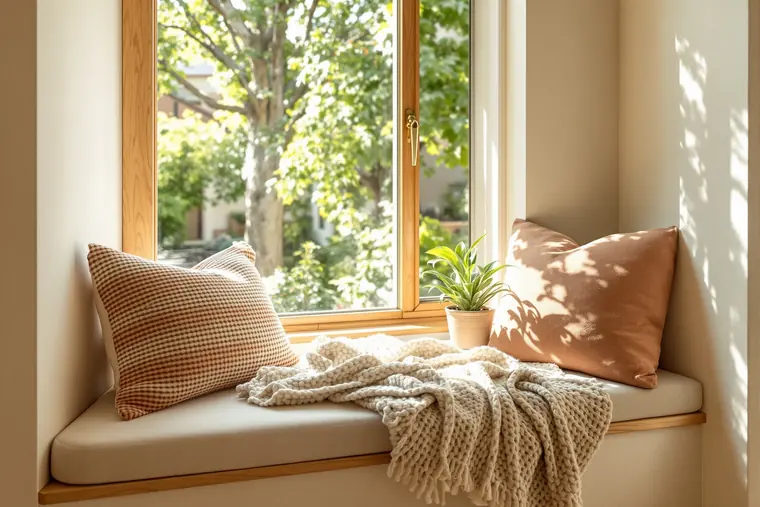A cushioned window seat with a knit blanket overlooking a quiet garden