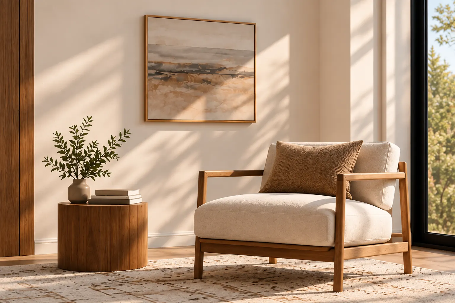 A calm, sunlit consultation room with a cream armchair, a wood side table and a landscape painting