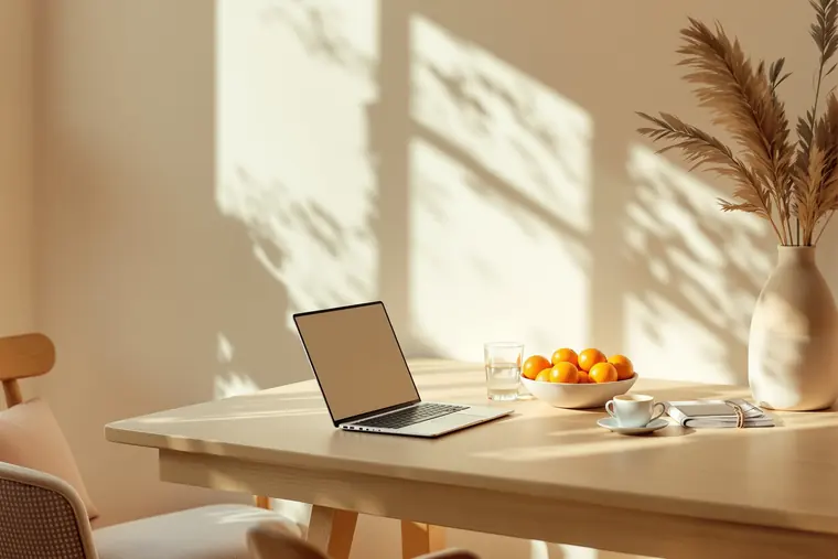 A laptop on an oak kitchen table in morning sun, set up for a telehealth appointment