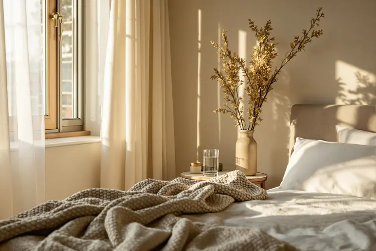 Early morning light through linen curtains onto a neatly made bed