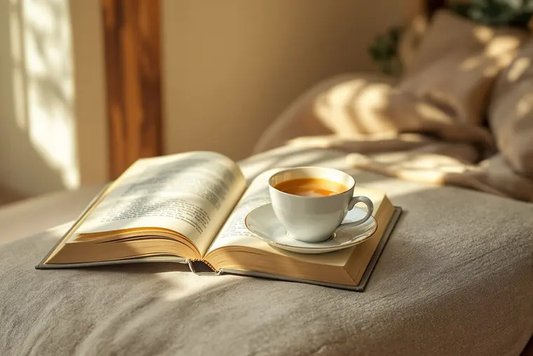 An open book and a cup of tea on a linen sofa in late sunlight