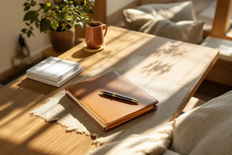 A leather folio and pen on an orderly walnut desk