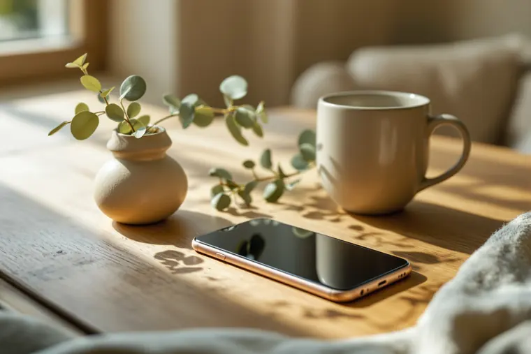 A phone and a stoneware mug on a wooden table with a sprig of eucalyptus
