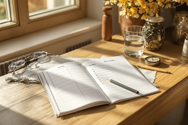 An open weekly planner, pencil and glass of water on a clean oak desk