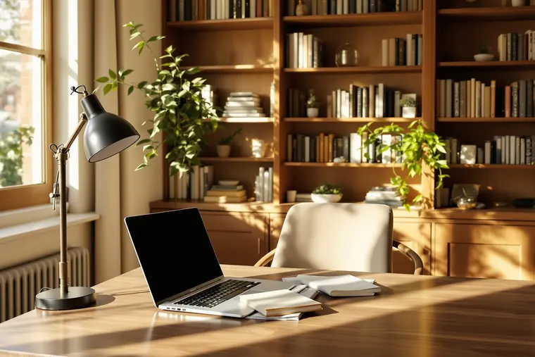 A calm professional home office with a laptop, desk lamp and bookshelves