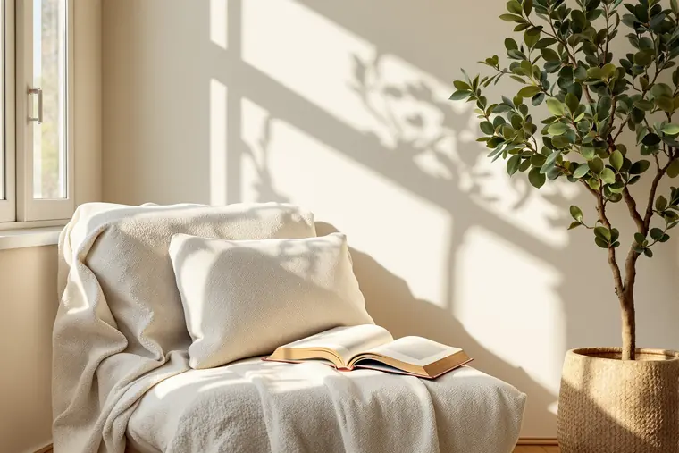 A cream reading chair with a linen throw and an open book in warm afternoon light