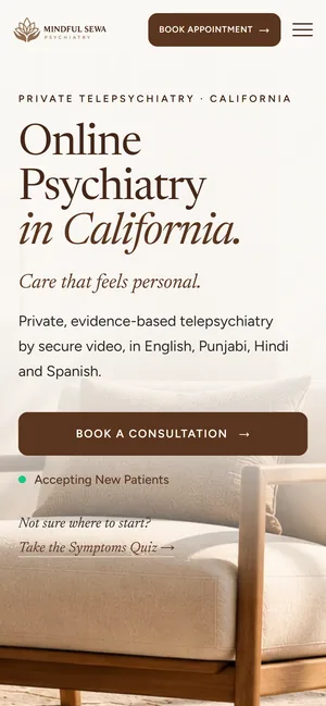 The Mindful Sewa home page on a phone, with a Book a Consultation button