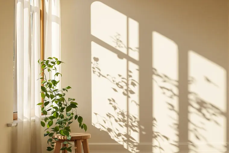 Soft sunlight through a tall window onto a trailing plant and a cream wall