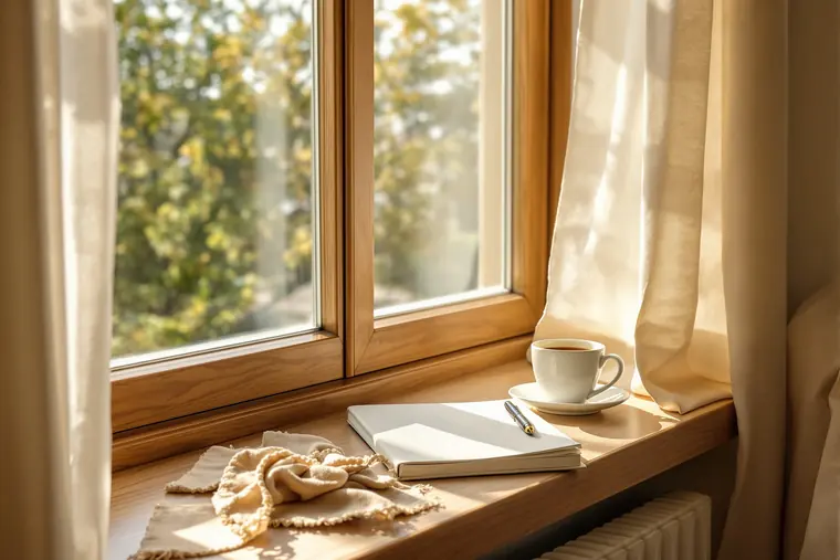 A journal, pen and cup of chai on a sunlit windowsill
