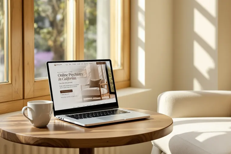 A laptop showing the Mindful Sewa home page on a sunlit table, ready for a telehealth visit