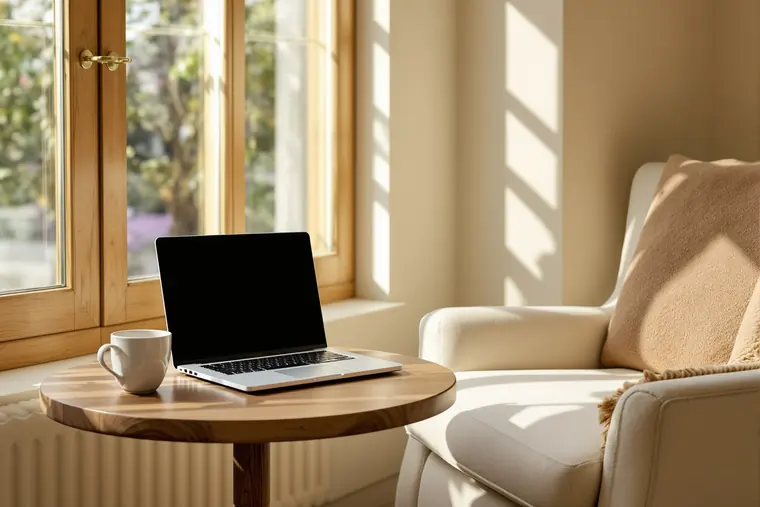 A laptop and a cup of tea on a walnut side table beside a cream armchair, ready for a video visit