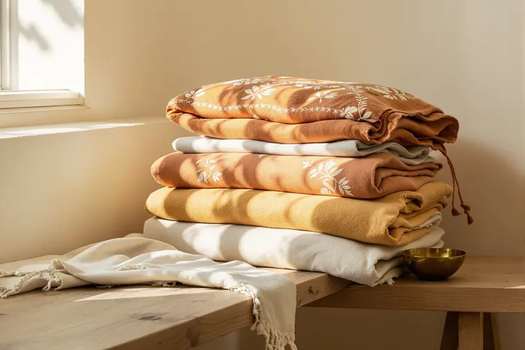 Folded embroidered textiles in terracotta, saffron and cream on a wooden bench